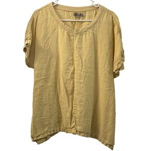 FLAX Women's Yellow Linen V Neck Short Sleeve Top Size L Beach Minimalist Casual